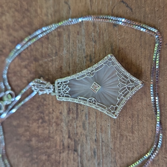 no brand Jewelry - Vintage 14 K. White Gold Camphor Glass Diamond Pendant Necklace